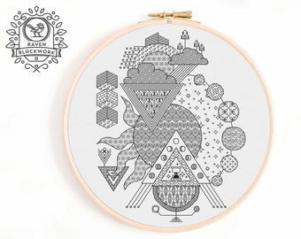 Blackwork Embroidery Pattern - Esoteric Space and Weather Inspired Embroidery Pattern - Blackwork Pattern of Planets, Moon Phases, Weather
