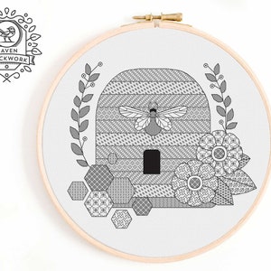 Blackwork Embroidery Pattern - Beehive Embroidery Pattern - Unique Blackwork Pattern of Bees and Flowers / Bee Blackwork Pattern PDF