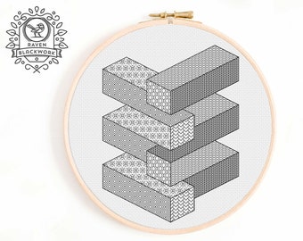 Blackwork Embroidery Pattern - Impossible Geometry Embroidery Pattern - Unique Blackwork Pattern of Infinite Geometry and Fill Patterns