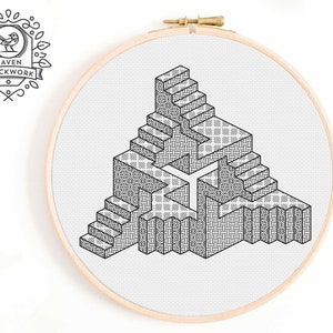 Blackwork Embroidery Pattern - Escher Inspired Embroidery Pattern - Unique Blackwork Pattern of Infinite Geometry and Stairs