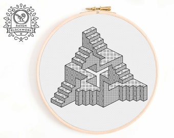 Blackwork Embroidery Pattern - Escher Inspired Embroidery Pattern - Unique Blackwork Pattern of Infinite Geometry and Stairs
