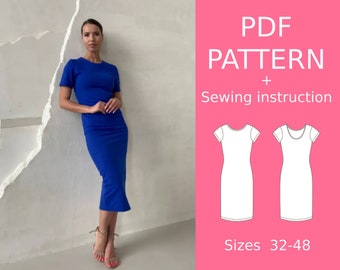 Pattern Dress-T-shirt, Pattern dress, Pattern Tight dress, Women's pattern, t-shirt pattern, sewing pattern for beginners, knitted dress