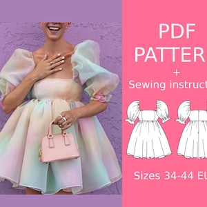 Puff dress pattern, Silk dress, sewing pattern, Pattern of a fashionable dress, simple pattern, Puff sleeve dress pattern, PDF pattern