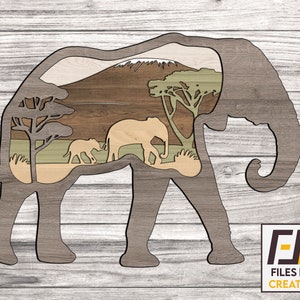 Corte láser de elefante, archivos svg dxf. Limas cnc para madera. Plantilla de calcomanía lista para Glowforge para corte cnc. Modelo vectorial.