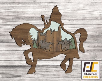 May include: A wooden cutout of a knight riding a horse, with a castle and other knights in the background. The cutout is designed for crafting and decorating.