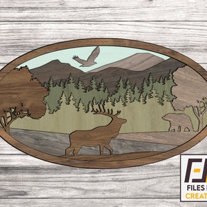 Nature forest scene laser cut, svg dxf files. Cnc files for wood. Glowforge ready Decal template for cnc cutting. Vector model.