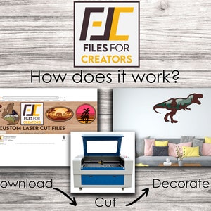 May include: A website screenshot showing a variety of laser cut files, including a dinosaur, a squirrel, a sunset, and a palm tree. The website is called "Files for Creators" and offers custom laser cut files. The image also shows a laser cutter and a finished dinosaur laser cut design on a wall.