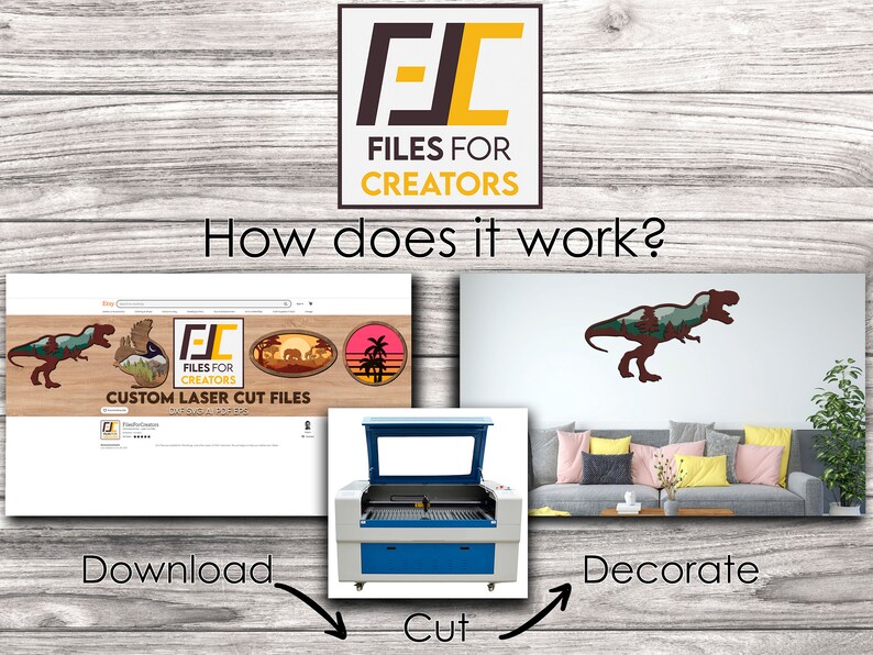 May include: A website screenshot showing a variety of laser cut files, including a dinosaur, a squirrel, a sunset, and a palm tree. The website is called "Files for Creators" and offers custom laser cut files. The image also shows a laser cutter and a finished dinosaur laser cut design on a wall.