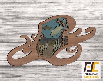 Octopus laser cut, svg dxf files. Cnc files for wood. Glowforge ready Decal template for cnc cutting. Vector file