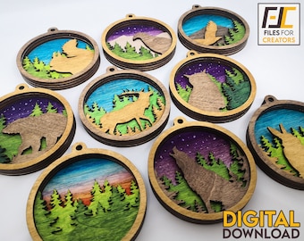May include: Set of 8 laser cut wooden ornaments featuring various woodland animals, including a bear, deer, wolf, owl, and squirrel. Each ornament has a layered design with a starry night sky, forest trees, and a colorful sunset.