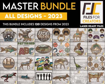 May include: A digital collage of 120 laser-ready designs for 2023. The designs include a variety of themes, such as animals, nature, and holidays. The text "MASTER BUNDLE" and "ALL DESIGNS - 2023" is displayed at the top of the image. The text "FILES FOR CREATORS" and "LASER READY FILES" is displayed at the top right of the image.