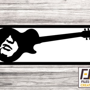 May include: Black and white silhouette of an electric guitar with a rounded body and a long neck. The guitar is set against a white background.