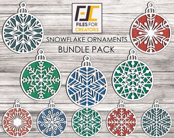 Snowflake Christmas Ornaments laser cut, svg dxf files. Cnc files for wood. Glowforge ready Decal template for cnc cutting. Vector model.