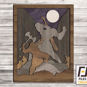 Fantasy battle scene laser cut, svg dxf files. Cnc files for wood. Glowforge ready Decal template for cnc cutting. Vector model.