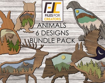 May include: A bundle pack of 6 animal silhouette designs with a mountain and forest scene inside. The animals are a rabbit, owl, eagle, elk, bison, and a wolf. The designs are made for wood carving and laser cutting.