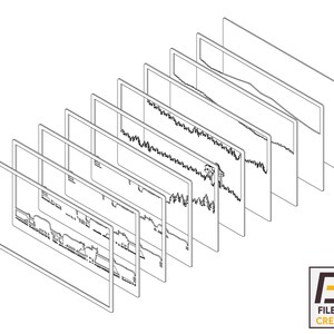 May include: A series of black and white line drawings of computer screens displaying graphs and charts. The screens are stacked on top of each other in a perspective view.