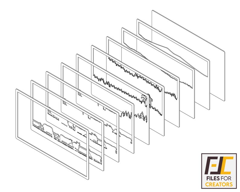 May include: A series of black and white line drawings of computer screens displaying graphs and charts. The screens are stacked on top of each other in a perspective view.