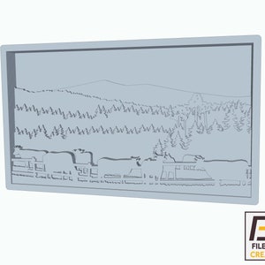 May include: A black and white line art illustration of a train traveling through a forest with mountains in the background.