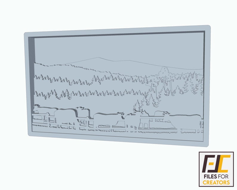 May include: A black and white line art illustration of a train traveling through a forest with mountains in the background.