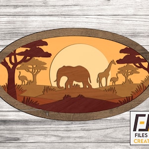 Taglio laser della scena di Savannah, file SVG DXF. Lime CNC per legno. arte della parete, modello di decalcomania per il taglio CNC. Modello vettoriale.