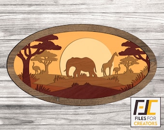 Savannah scene laser cut, svg dxf files. Cnc files for wood. wall art, decal template for cnc cutting. Vector model.