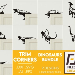 トリムコーナー恐竜バンドルパックレーザーカット、SVG DXF ファイル。木材用 CNC ファイル。ウォールアート、CNC 切断用デカール テンプレート。ベクター モデル ファイル。