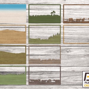 May include: A set of eight wood-framed digital art prints featuring various nature scenes, including a blue sky, a grassy field, a forest, and a mountain range. The prints are arranged in a grid pattern on a wood background.