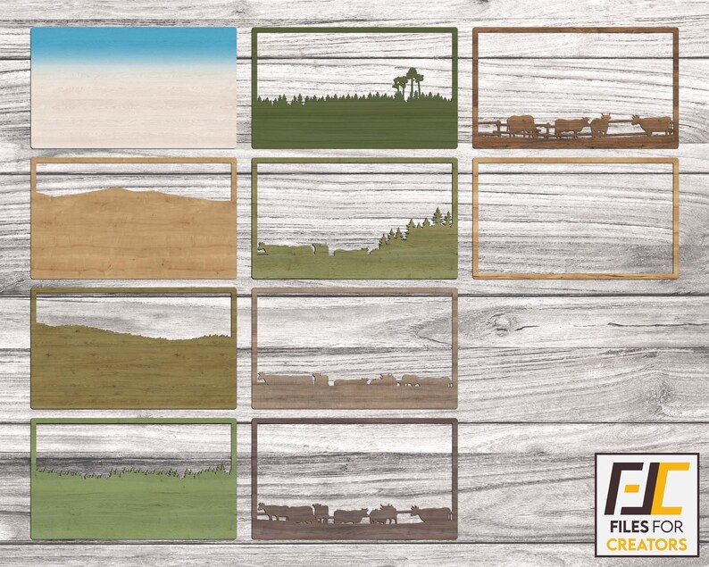May include: A set of eight wood-framed digital art prints featuring various nature scenes, including a blue sky, a grassy field, a forest, and a mountain range. The prints are arranged in a grid pattern on a wood background.