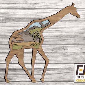 May include: Wooden cutout of a giraffe with a layered design of a savanna landscape inside the giraffe's body. The giraffe is brown, the landscape is green, brown, and blue.