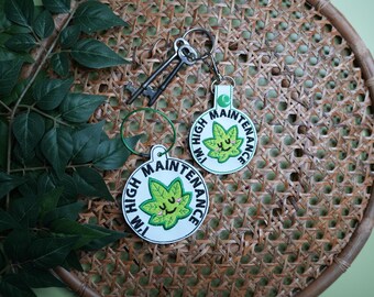 High Maintenance Weed Keychain /  Bag Charm | Kawaii Cannabis Leaf Charm | 420 Stoner Bag Accessory