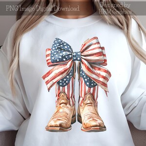 Patriotic Cowgirl Boots PNG, Western USA Flag Bow Clipart, 4th of July Rodeo Digital Download, Country Sublimation Design, Commercial Use