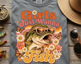 Diseño PNG de sublimación "Retro Girls Just Wanna Fish", gráfico divertido de camiseta de pesca para pescadora (descarga digital).
