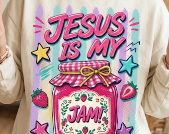 Jesus Is My Jam PNG, chrześcijański projekt sublimacji dżemu truskawkowego, grafika z religijnym cytatem biblijnym (pobieranie cyfrowe)