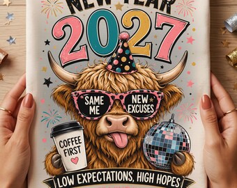 2027年の新年を祝う面白いハイランド牛のPNG昇華プリントデザイン、ウエスタンカウボーイのお祝いシャツグラフィック（デジタルダウンロード）