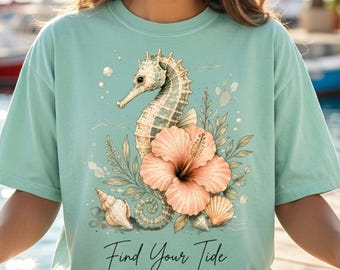 Koszulka z nadrukiem „Find Your Tide Seahorse PNG” z motywem sublimacji, nadmorska koszulka z motywem kwiatowym i hibiskusem (do pobrania cyfrowego)