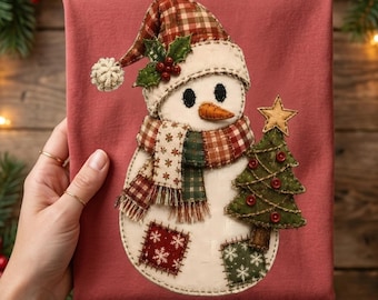 フェイクパッチワークのクリスマススノーマン昇華プリントPNG、素朴なファームハウスウィンターグラフィック（デジタルダウンロード）