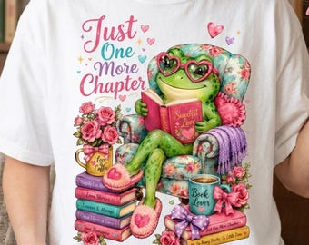 Cottagecore Frog Reading Book PNG, grafika „Jeszcze tylko jeden rozdział”, sublimacja „Book Lover” (pobieranie cyfrowe)