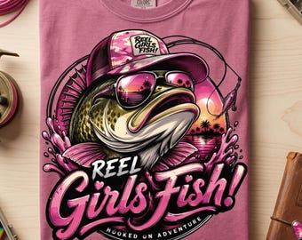 Camo Reel Girls Fish PNG Sublimation Design, Funny Retro Pink Bass Fishing Shirt Graphic (Digital Download)