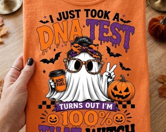 面白いハロウィーンの幽霊PNG昇華プリント、私はDNA検査で100％あの魔女だと確信したPNG、不気味な秋のシャツグラフィック（デジタルダウンロード）