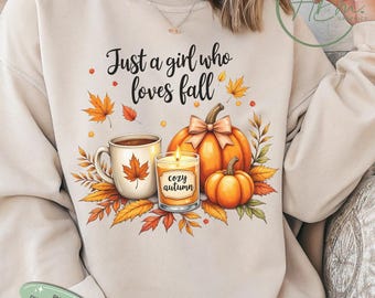 秋が大好きな女の子 PNG、秋のコーヒーキャンドルかぼちゃ昇華デザイン、居心地の良いかわいい秋のシャツグラフィック、デジタルダウンロード