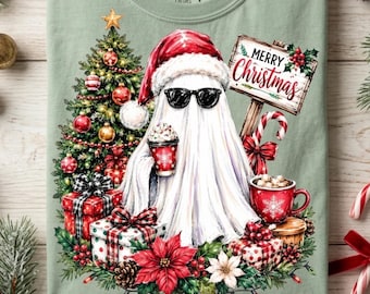 メリークリスマス サンタゴースト PNG 昇華プリントデザイン、お祝いの冬シャツグラフィック（デジタルダウンロード）
