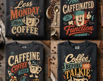 Pakiet Retro Coffee PNG, zabawna sublimacja kawy, grafika z cytatami o kawie w stylu vintage (pobieranie cyfrowe)
