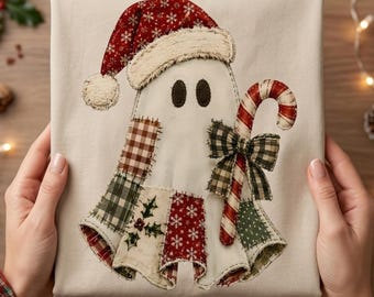 フェイクパッチワークのクリスマスゴーストPNG、花柄リボン、キャンディケーン、素朴なチェック柄（デジタルダウンロード）