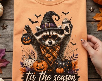 ハロウィンのアライグマのPNG昇華プリントデザイン、魔女の帽子、カボチャ、不気味な季節のグラフィック（デジタルダウンロード）