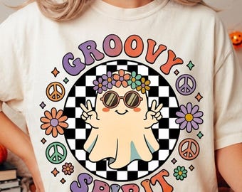 Groovy Spirit Ghost PNG – projekt sublimacji, słodka grafika na koszulce z hipisowskim duchem na Halloween (pobranie cyfrowe)
