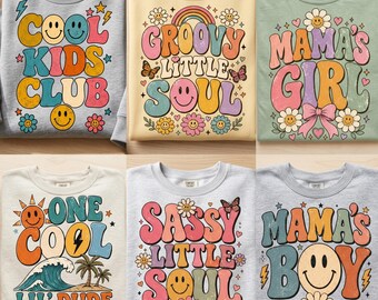 Uroczy zestaw retro dla dzieci w formacie PNG, fajne dziecięce wzory sublimacji, grafika na koszulce „Mama Boy Girl Little Soul” (do pobrania w wersji cyfrowej)