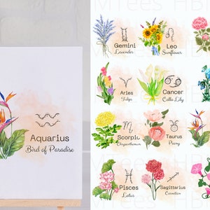 Zodiac Bundle, ,Flower, Zodiac sign, Watercolour, sublimation designs, horoscope, star sign,  PNG instant download