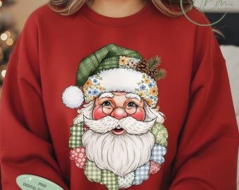 Fałszywy wzór Świętego Mikołaja w formie patchworku w formacie PNG, grafika świąteczna w stylu vintage (do pobrania cyfrowego)