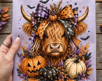 ハロウィン コケット ボウ ハイランド牛 PNG 昇華プリントデザイン、秋のウエスタンパンプキンシャツグラフィック（デジタルダウンロード）