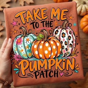 May include: A rust-coloured t-shirt featuring the text "TAKE ME TO THE PUMPKIN PATCH" in orange and black. The graphic includes three pumpkins: one light blue with floral patterns, one orange with white polka dots, and one white with leopard print.